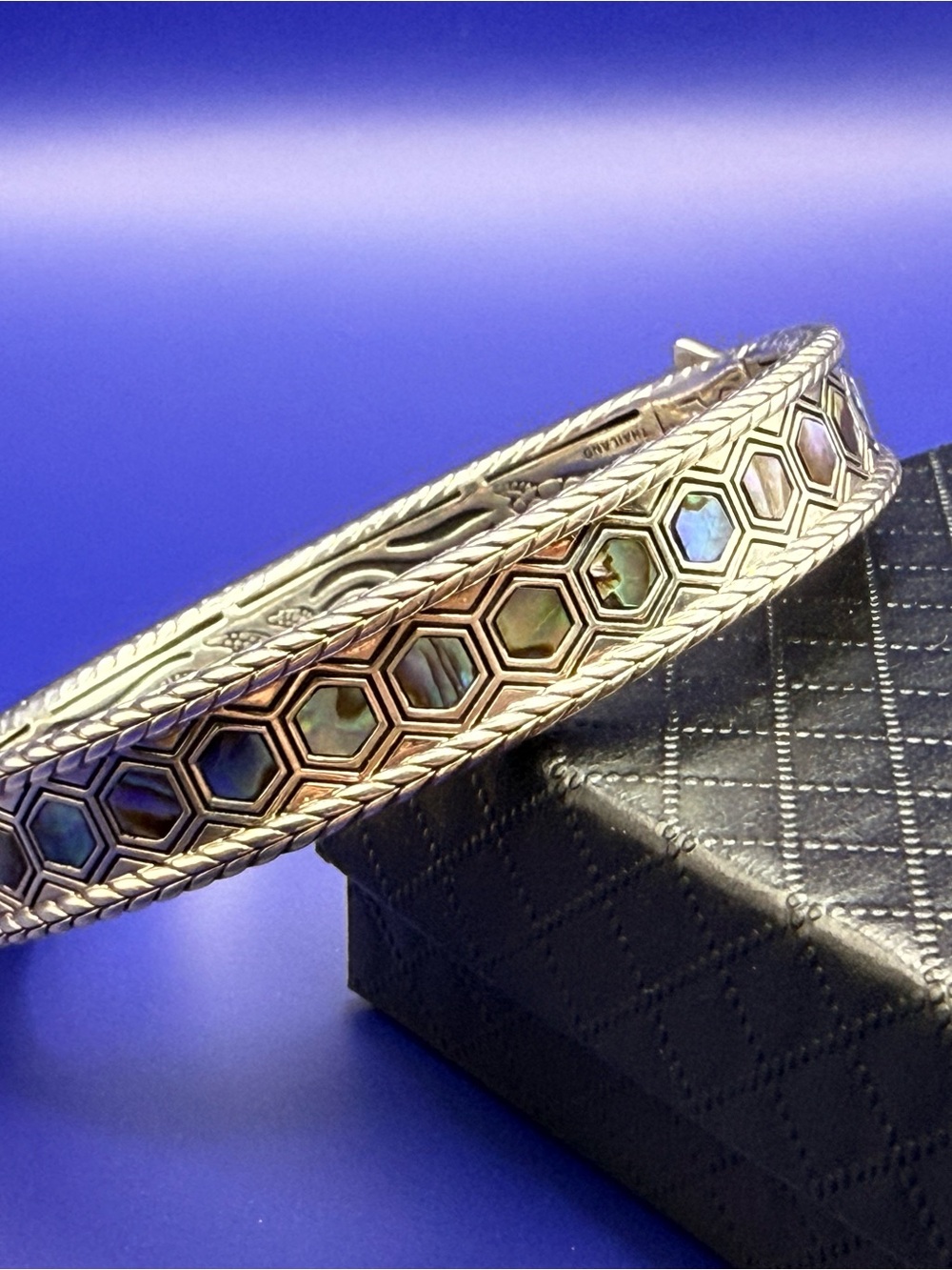 JAI Sterling Silver 925 Abalone Inlay Sea Turtle Hinged Bracelet Bangle L 45.14g